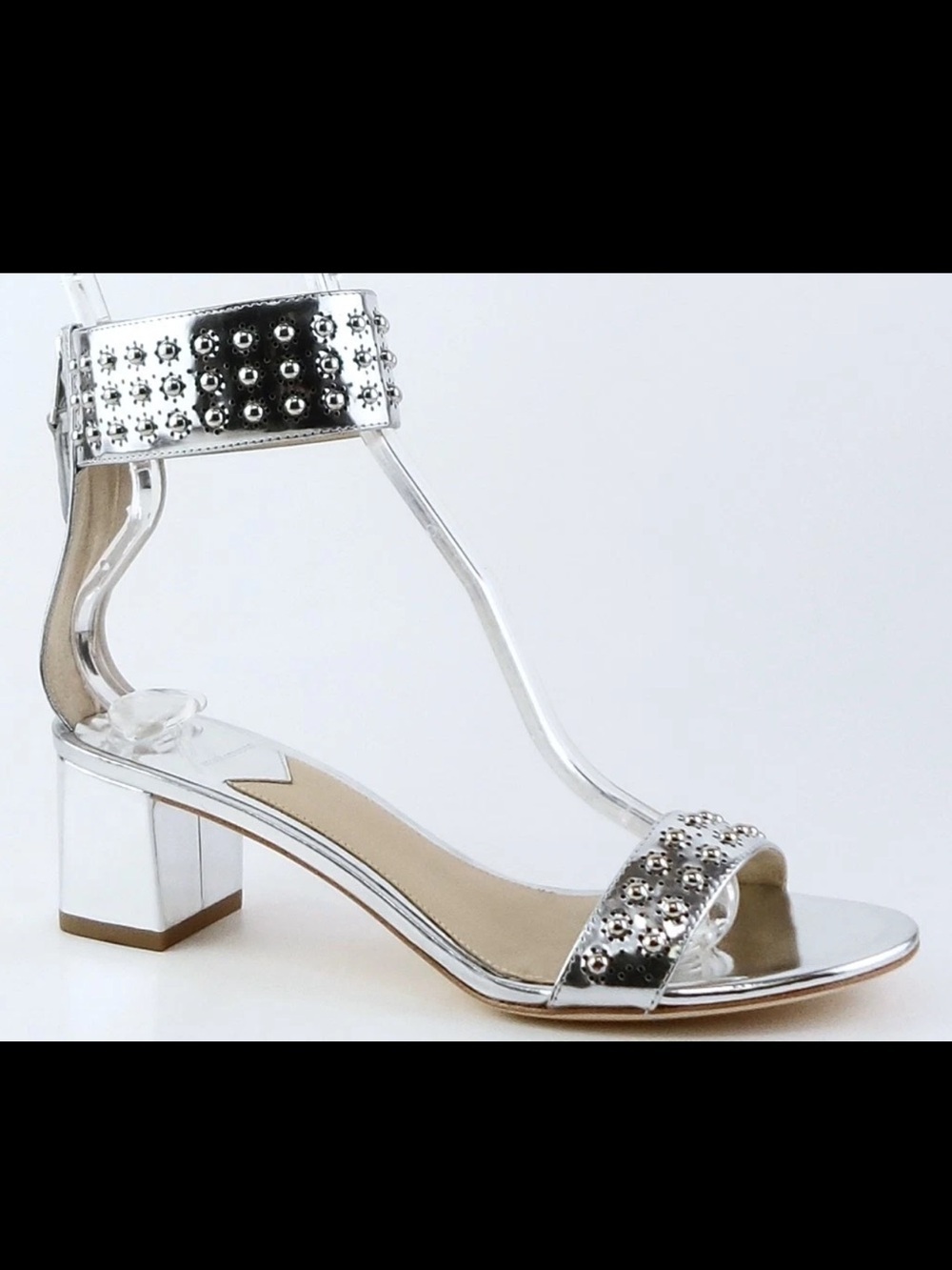 Brian Atwood Kendyll Silver Studded Low Heel Sandals Sz 6.5 - Picture 2 of 15